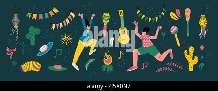 Festa spagnola della notte di San Juan. Illustrazione vettoriale isolata per disegni di cartoni animati. Feste latinoamericane, festival musicali, locali Illustrazione Vettoriale