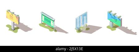 Cartelloni pubblicitari per esterni, striscioni stradali e luci della città con annunci promozionali testo di esempio su poster, erba sotto il piede e ombra isometrica Illustrazione Vettoriale