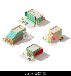 Automobili che vendono saloni e commercianti showroom edifici moderni ingresso esterni con autovetture su parcheggio isometric proiezione vettore set isolato Illustrazione Vettoriale