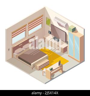 Accogliente camera da letto interna con mobili in legno, letto matrimoniale, TV al plasma a parete, aria condizionata, armadio, tavolo e tappeto giallo su fl Illustrazione Vettoriale