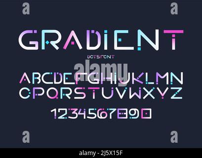 Alfabeto inglese completo, ABC completo con lettere latine, cifre arabiche futuristiche, aspetto digitale, forma arrotondata con punti in blu sfumato, rosa e. Illustrazione Vettoriale