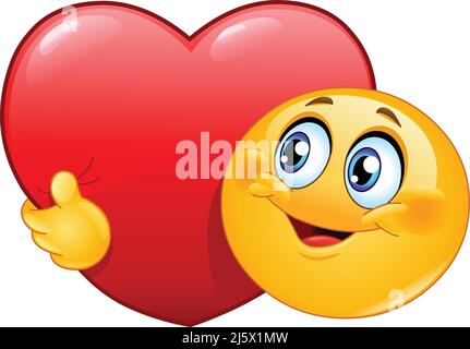 Emoji felice che abbraccia un grande cuore rosso Illustrazione Vettoriale