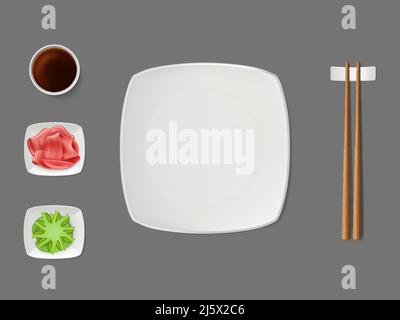 Piatti di sushi, condimenti con quadrato vuoto, bianco, piatto in ceramica, bastoncini di legno sul supporto, salsa di soia, zenzero marinato, wasabi sul piatto Illustrazione Vettoriale