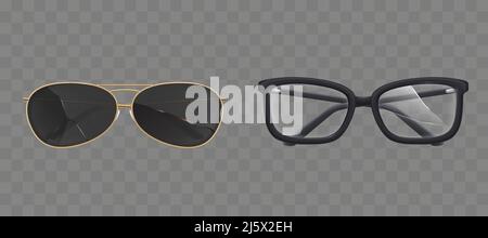 Set di occhiali e occhiali da sole rotti. Occhiali antichi con cornici rettangolari in plastica e occhiali da sole neri moderni con lenti incrinate danneggiate Illustrazione Vettoriale