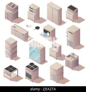 Cucina isometrica, elettrodomestici e set di mobili per il ristorante. Forno, lavello, frigorifero lavastoviglie isolato su sfondo bianco. Attrezzatura tecnica per c Illustrazione Vettoriale