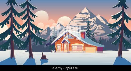 Casa in legno, chalet in montagna d'inverno. Vacanza di Natale sfondo. Hotel resort sciistico nella pineta, confortevole casa di campagna decorata Illustrazione Vettoriale