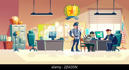 Interrogatori criminali, interrogatori presso la stazione di polizia. Funzionari di polizia che pongono domande arrestati ladro in carica, prendendo testimonianza da bandito catturato, Illustrazione Vettoriale