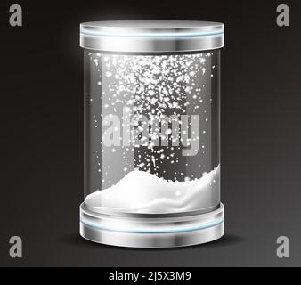 Globo di neve realistico o cilindro, souvenir di natale isolato su sfondo nero, contenitore di vetro su base metallica con coperchio. Elemento di design festivo, xma Illustrazione Vettoriale