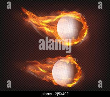 Due palline da golf surriscaldate che volano, cadendo inghiottite in fiamme, sparando in aria, isolate 3D illustrazioni vettoriali realistiche. Logo del club sportivo, attrezzature Illustrazione Vettoriale