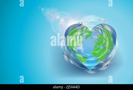Nessuna bandiera di guerra. Giorno di pace. Terra a forma di cuore con luce solare e airplaine volanti. Illustrazione Vettoriale