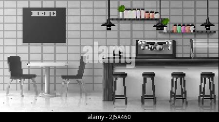 Interno di una caffetteria in stile loft con sgabelli vicino al banco bar, macchina per il caffè, vetrata, lampade appesi, bottiglie su scaffali, scacchiera me Illustrazione Vettoriale