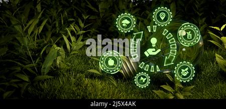 Mano che tiene pianta che cresce in lampadina leggera. Convergenza ecologia e tecnologia. Green Computing, Green Technology, Green IT, csr e CONCETTO di etica IT. Foto Stock