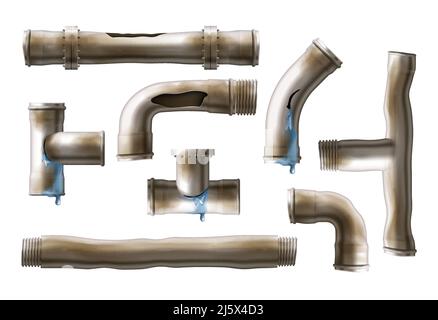 Tubi da cucire vecchi e rustici con acqua che perde da crepe e buchi set. Danneggiato dalla corrosione del sistema di alimentazione dell'acqua tubazione metallica imbullonata, collegamento fissato Illustrazione Vettoriale