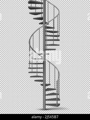 Scala elicoidale a spirale metallica su colonna con ringhiere tubolari e scale in legno 3D illustrazione vettoriale realistica isolata su sfondo trasparente. Ho Illustrazione Vettoriale