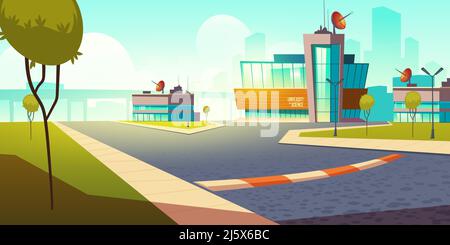 Università di costruzione della Scienza. College campus laureato scuola esterna istituzione educativa con enormi finestre di vetro e antenna satellitare su Summe Illustrazione Vettoriale