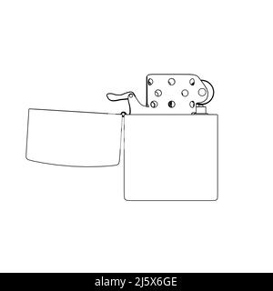 Il contorno di un accendino aperto su benzina da linee nere isolate su sfondo bianco. Vista frontale. Illustrazione vettoriale. Illustrazione Vettoriale