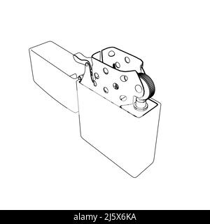 Il contorno di un accendino aperto su benzina da linee nere isolate su sfondo bianco. Vista isometrica. Illustrazione vettoriale. Illustrazione Vettoriale