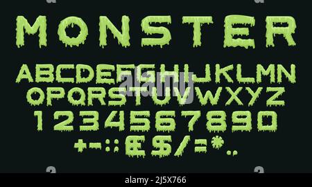 Tipo di mostro. Alfabeto spettrale vettoriale con gocce di calce fluente. Lettere e numeri spaventosi isolati su sfondo nero per Halloween, festa a tema po Illustrazione Vettoriale