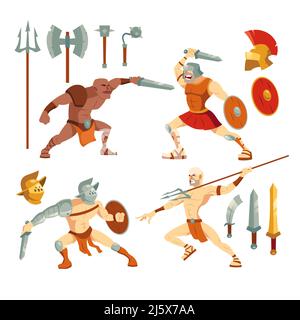 Set gladiatori, antichi guerrieri spartani armati romani che combattono sull'arena con spada, forchetta e scudo, soldati greci e la collezione di armature isolato Illustrazione Vettoriale