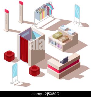 Negozio di moda isometrica nel centro commerciale. Interno boutique vettoriale con abiti su scaffale e appendiabiti, cashbox, spogliatoio e specchi isolati su Whi Illustrazione Vettoriale