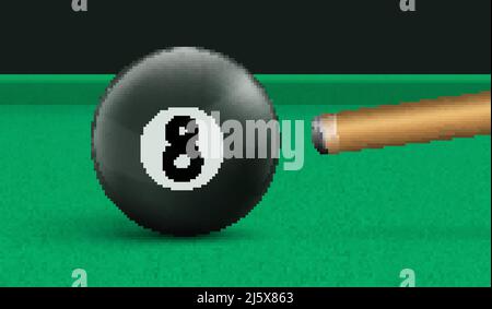 Biliardo otto palla e cue su tavolo di tessuto verde. Illustrazione vettoriale realistica del gioco di biliardo con palla nera snooker con numero 8. Modello per banne Illustrazione Vettoriale