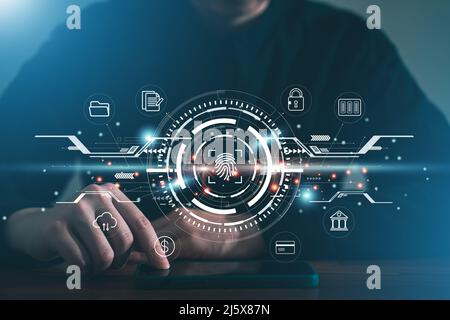 Accedi per proteggere il dashboard tramite scansione delle impronte digitali per accedere ai dati di rete protetti con biometriche per smartphone. Foto Stock