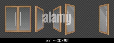 Porte in vetro trasparente, finestra con telaio in legno isolato su sfondo trasparente. Set vettoriale realistico di porte doppie aperte e chiuse con maniglia in metallo Illustrazione Vettoriale