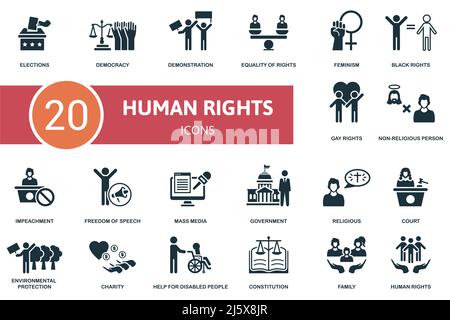 Icona impostazione diritti umani. Contiene illustrazioni sui diritti umani come la democrazia, la parità dei diritti, i diritti neri e altro ancora. Illustrazione Vettoriale