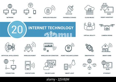 Icona tecnologia Internet impostata. Contiene icone modificabili tema della tecnologia internet come wifi, parabolica piatti, robot assistente e altro ancora. Illustrazione Vettoriale