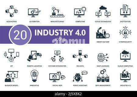 Set di icone Industry 4.0. Contiene icone modificabili, ad 4.0 esempio automazione, elaborazione, digitalizzazione e altro ancora. Illustrazione Vettoriale