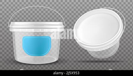 Secchio di plastica trasparente con etichetta blu e coperchio bianco isolato su sfondo trasparente.Vector mockup realistico 3D contenitore vuoto per cibo, salsa, i Illustrazione Vettoriale