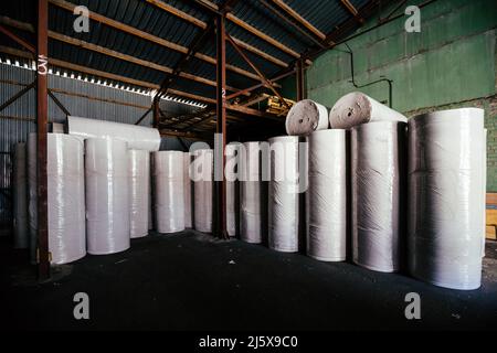 Rotoli di carta riciclata nel magazzino. Foto Stock