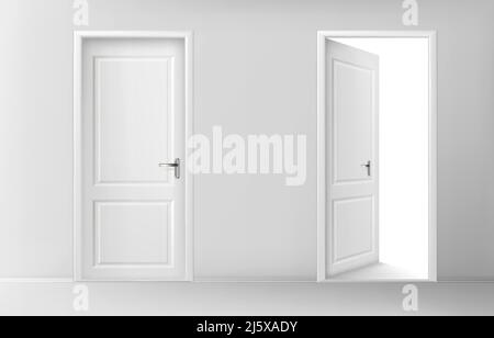 Porte in legno bianco. Set vettoriale di porte realistiche chiuse e aperte con maniglie cromate all'interno. Illustrazione concettuale per benvenuto, invito a. Illustrazione Vettoriale