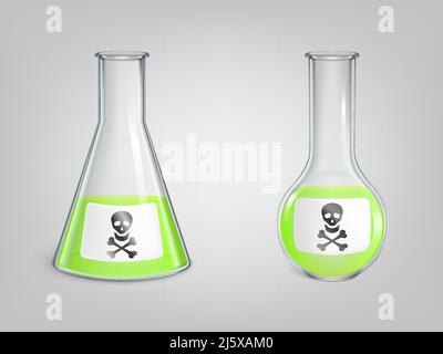 Matracci con veleno e cranio con ossa segno di pericolo sul set di etichette. Pozione magica, liquido tossico chimico verde in becher sferici e conici da laboratorio con Illustrazione Vettoriale