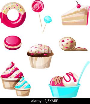 Caramelle dolciarie e dolci isolate su sfondo bianco. Ciambella con spruzzi, lecca, torta, macaroon, cupcake, biscotti, gelato Illustrazione Vettoriale