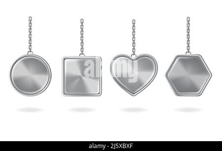 Portachiavi Set. Portachiavi in metallo di forma rotonda, quadrata, a cuore ed esagonale isolati su sfondo bianco. Accessori color argento a sospensione. Illustrazione Vettoriale
