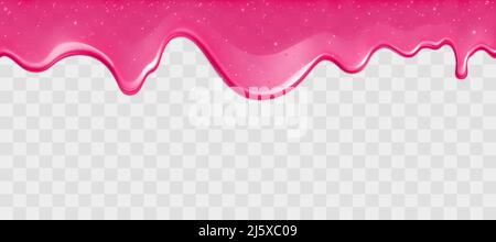 Gocce rosa lucido slime con glitter isolato su sfondo trasparente. Bordo di lucido scorrevole appiccicoso dolce goo. Modello vettoriale di crema, gelatina Illustrazione Vettoriale