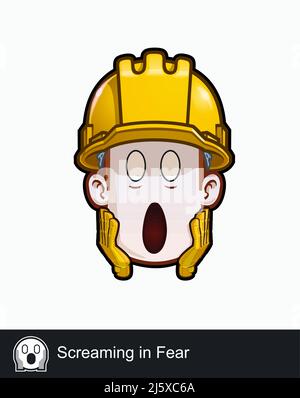 Icona di un volto di lavoratore di costruzione con Screaming nella paura espressione emotiva. Tutti gli elementi su strati e gruppi ben descritti. Illustrazione Vettoriale