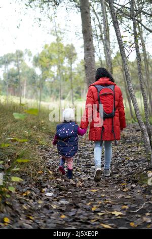 Madre e figlia che tengono le mani camminando sul sentiero in boschi Foto Stock