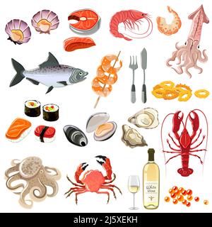 Icone di pesce con gamberi di aragosta di sushi e vino bianco illustrazione vettoriale isolata in flacone Illustrazione Vettoriale