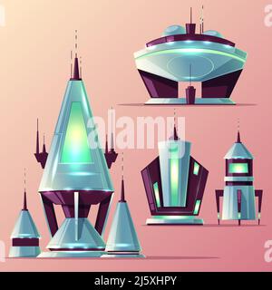 Set di varie astronavi alieni o razzi futuristici con antenne, cartoni animati luci al neon illustrazione vettoriale. Stelle fantascientifiche per intergalac Illustrazione Vettoriale