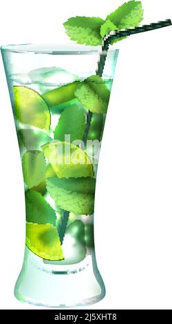 Mojito cocktail realistico in vetro con menta e bevanda al lime immagine vettoriale con isolamento della paglia su sfondo bianco Illustrazione Vettoriale