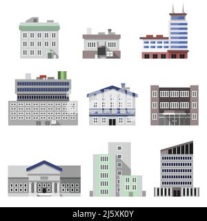 Business moderni edifici urbani uffici icone decorative piatte set isolato illustrazione vettoriale Illustrazione Vettoriale