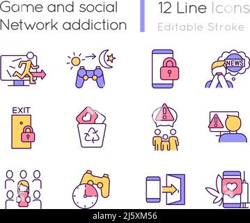 Giochi e dipendenza dai social network icone a colori RGB impostate Illustrazione Vettoriale