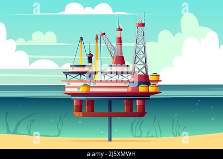 Piattaforma petrolifera semi-sommergibile, carro di perforazione offshore a base di mare illustrazione vettoriale cartoon a sezione trasversale. Estrazione di petrolio e gas su scaffale continentale. PE Illustrazione Vettoriale
