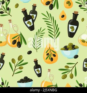 Oliva naturale modello senza giunture con gocce d'olio bottiglie e albero illustrazione del vettore di diramazioni Illustrazione Vettoriale
