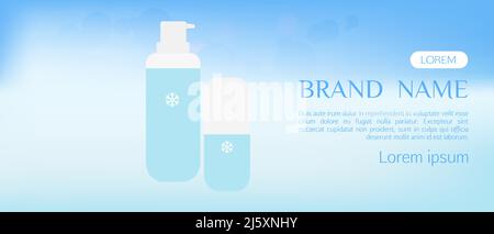 Tubi cosmetici invernali su superficie ghiacciata con perle su fondo di neve deriva, cosmetici di bellezza bottiglie di prodotto set mock up line, blu bottiglie gel, crema, Illustrazione Vettoriale