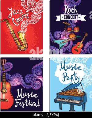 Jazz rock classico concerto mini poster set con musica illustrazione vettoriale isolata degli strumenti Illustrazione Vettoriale