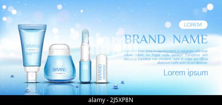 Cappellotto cosmetico invernale, tubi di balsamo labbro e vasetto di panna su superficie ghiacciata con perle su fondo di deriva neve, cosmetici di bellezza bottiglie di prodotto set mock Illustrazione Vettoriale