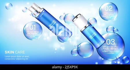Tubi cosmetici mock up banner, procedura di cura della pelle passi, cosmetici di bellezza prodotti bottiglie su sfondo blu con bolle d'aria di sapone volante Lotion, perfu Illustrazione Vettoriale